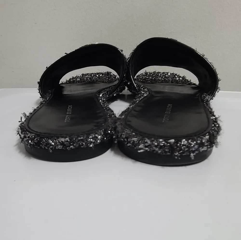 Tory Burch Eleanor Pavé Logo Slide Sandal in Silver Confetti/Perfect Black Sz 8